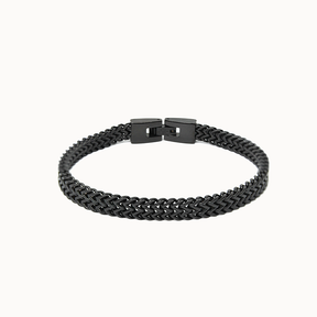 Massives Herrenarmband in Schwarz mit breiter, geflochtener Gliederstruktur und stabilem Klappverschluss.