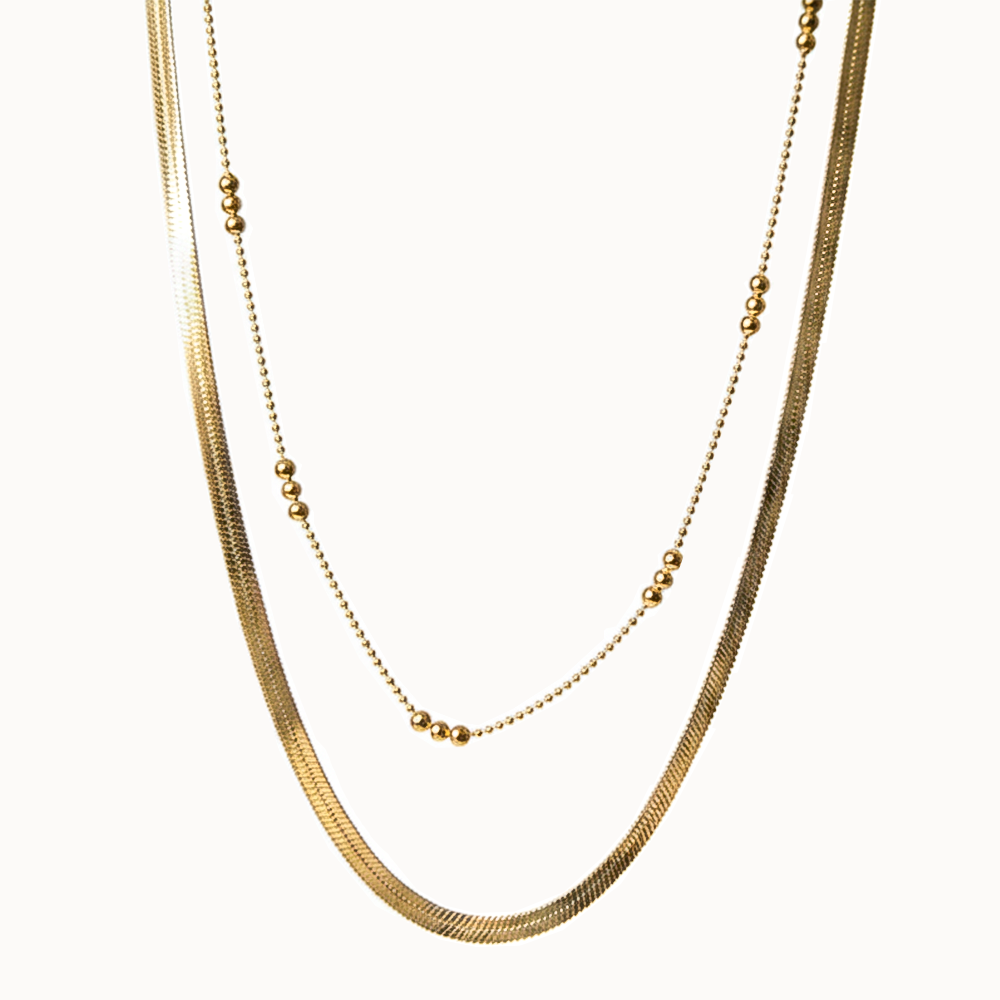 Elegantes zweilagiges Goldkettenset für Damen – Kugelkette und Snake-Chain.