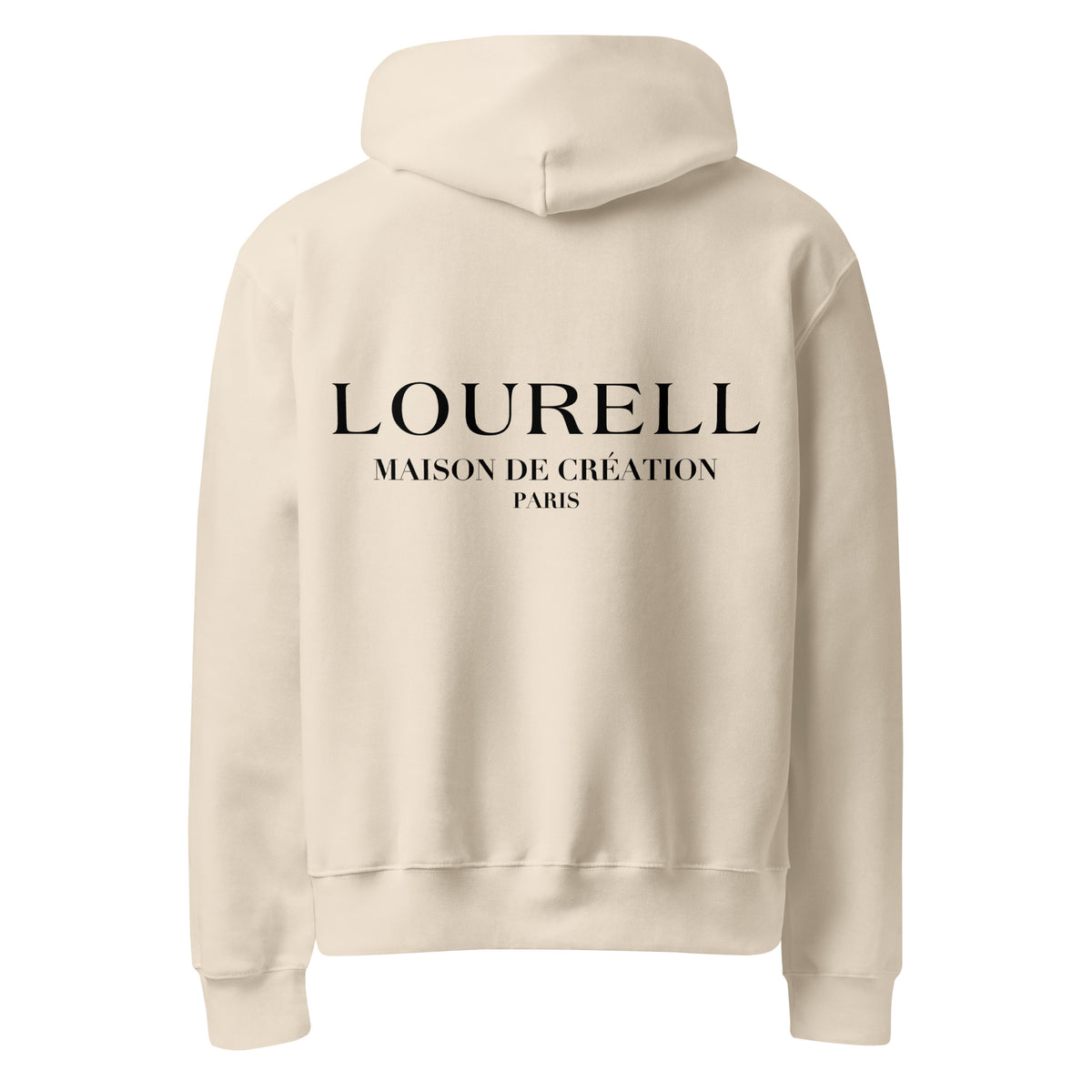 Rückansicht des sandfarbenen Unisex Oversize-Kapuzenpullovers, der den großen, schwarzen Rückenprint 'LOURELL MAISON DE CRÉATION PARIS' zeigt.
