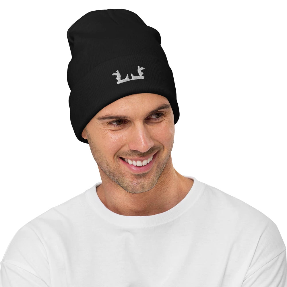 Schwarze Unisex Beanie-Mütze mit breitem Umschlag und schwarzem LOURELL Logo-Stick.