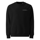 Schwarzes Bio-Baumwoll-Sweatshirt (Unisex) mit weißem Lourell Logo-Stick auf der Brust und nachhaltiger Crewneck-Pullover.