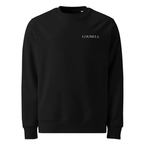 Schwarzes Bio-Baumwoll-Sweatshirt (Unisex) mit weißem Lourell Logo-Stick auf der Brust und nachhaltiger Crewneck-Pullover.