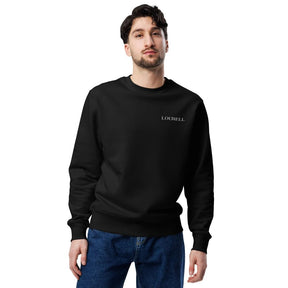 Schwarzes Bio-Baumwoll-Sweatshirt (Unisex) mit weißem Lourell Logo-Stick auf der Brust und nachhaltiger Crewneck-Pullover.
