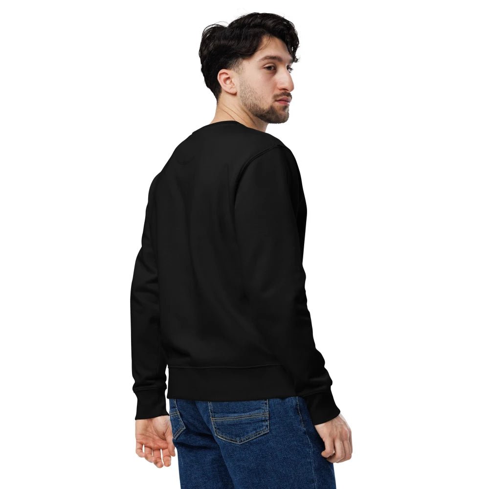 Schwarzes Bio-Baumwoll-Sweatshirt (Unisex) mit weißem Lourell Logo-Stick auf der Brust und nachhaltiger Crewneck-Pullover.