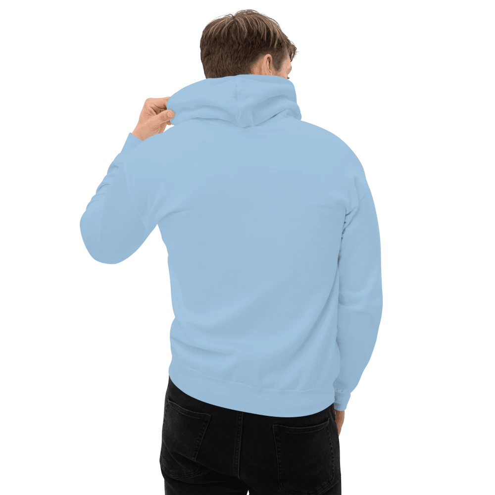 Rückansicht des hellblauen Unisex-Hoodies, die den schlichten, unbedruckten Rücken zeigt.