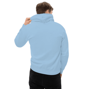 Rückansicht des hellblauen Unisex-Hoodies, die den schlichten, unbedruckten Rücken zeigt.