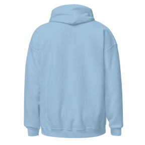 Rückansicht des hellblauen Unisex-Hoodies, die den schlichten, unbedruckten Rücken zeigt.