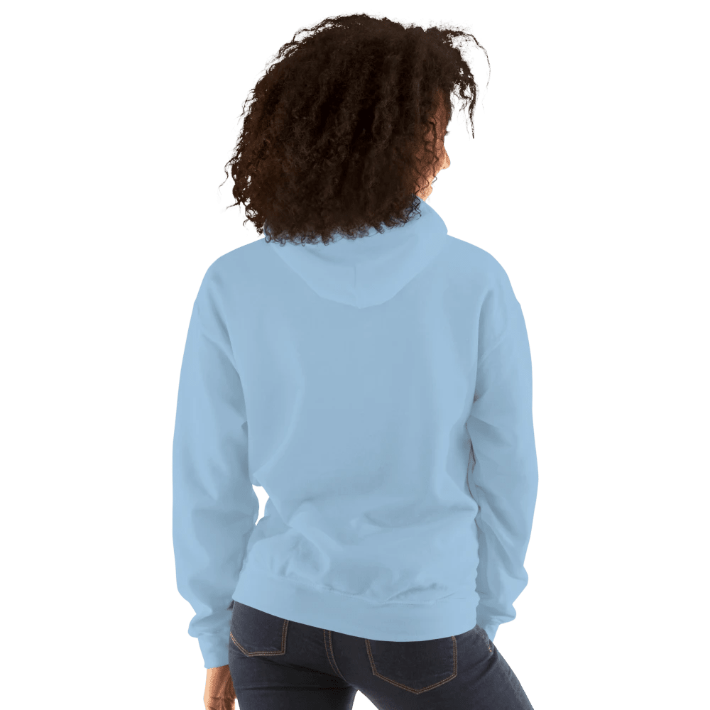 Rückansicht des hellblauen Unisex-Hoodies, die den schlichten, unbedruckten Rücken zeigt.