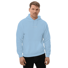 Unisex-Hoodie in Hellblau (Sky Blue) mit dem kleinen, weißen Stick 'L–7 | 23° | PARIS' mittig auf der Brust.