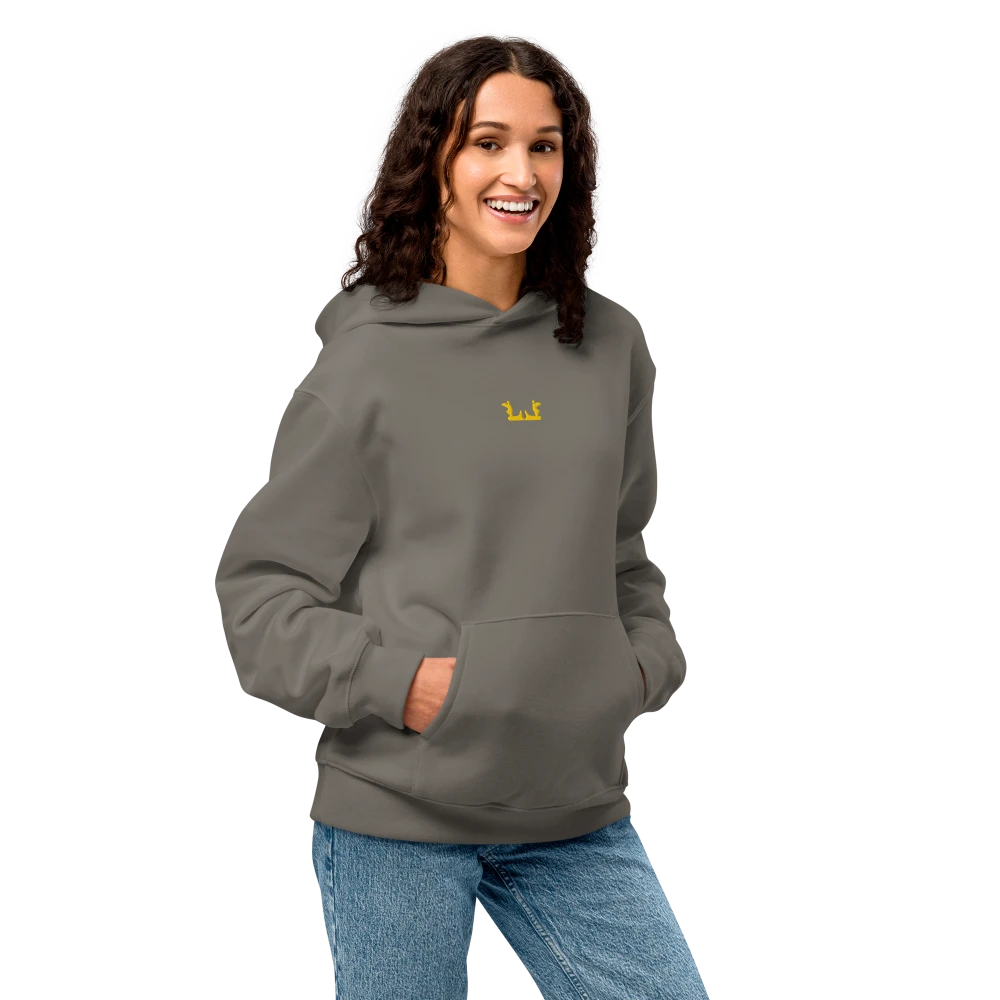 Oversized Unisex Hoodie in Asphalt-Grau aus Premium-Baumwolle mit goldenem LOURELL Logo Stick auf der Brust.