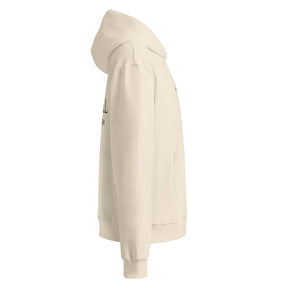 Seitenansicht des sandfarbenen Oversize-Hoodies.