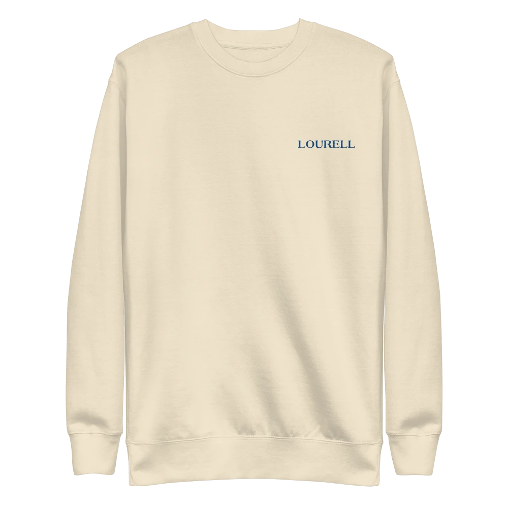 Beiges Unisex-Sweatshirt (Crewneck) mit royalblauem Lourell Logo-Stick auf der linken Brust.