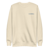 Beiges Unisex-Sweatshirt (Crewneck) mit royalblauem Lourell Logo-Stick auf der linken Brust.